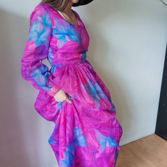 Vintage Maxi Dressย Neon 70s 60s 70sโChiffonโPuffโFestival - Picture 9 of 13